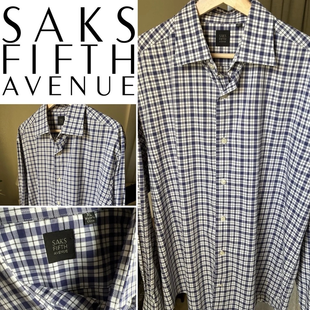 Saks Fifth Avenue Men’s Blue/white Plaid Longsleeve Button Up Size XL